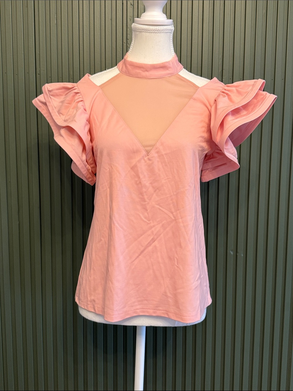 Gracia Pink Ruffle Sleeve Mesh Yoke Top